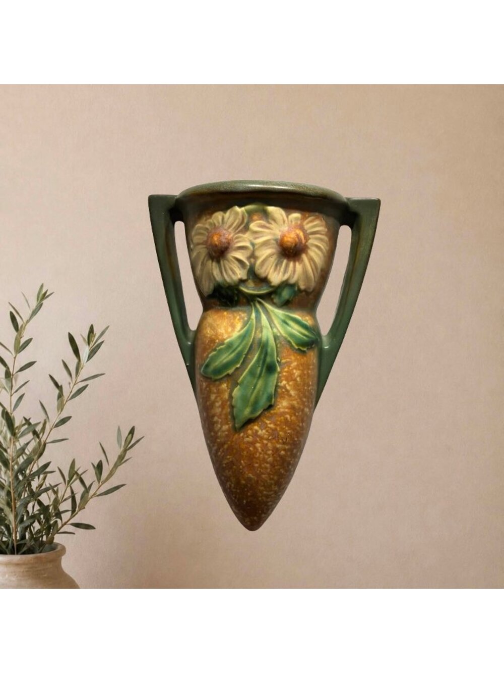 Roseville Dahlrose 1259-10 Wall Pocket c.1928 Large Arts & Crafts Pottery Floral